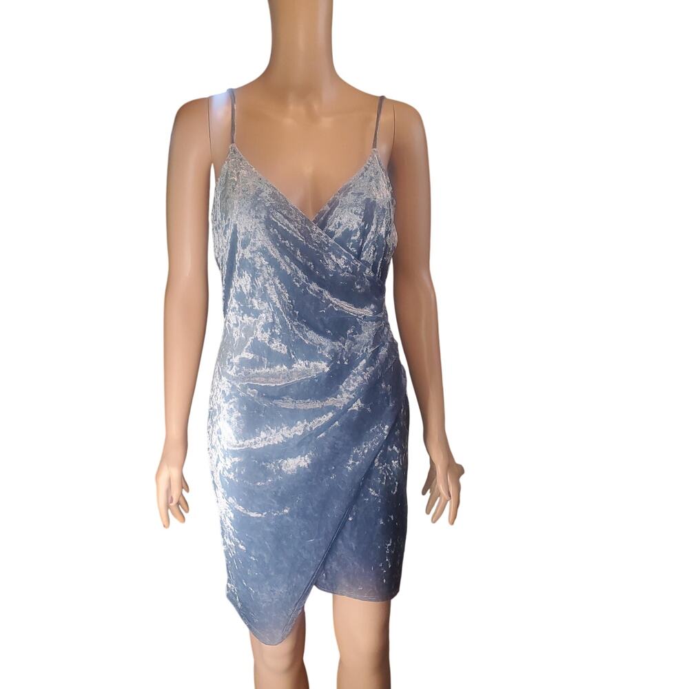 Y2K Blue Strappy Velvet Bodycon Mini Dress Asymetrical Hem Party Clubcore L